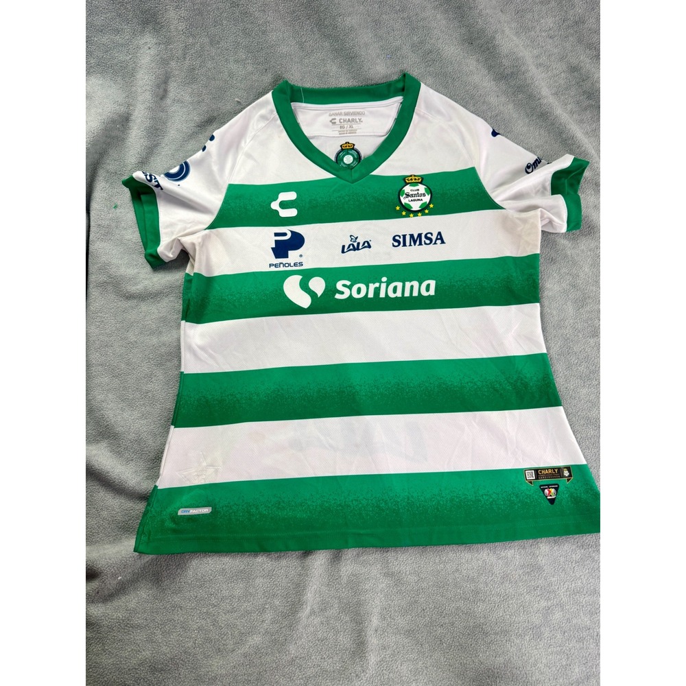 Charly Santos Laguna Soccer Jersey Mens XL Green White Stripe Liga MX Home Shirt